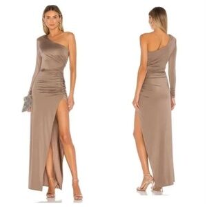 Michael Costello x Revolve Gilly Taupe Ruched Jersey Knit Maxi Dress Gown